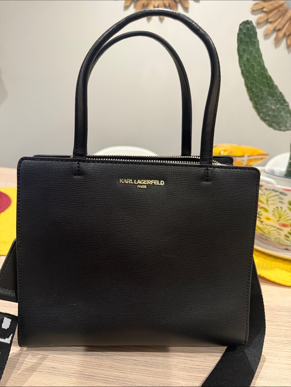 Karl Lagerfeld Black Textured Leather Satchel with Gold Logo